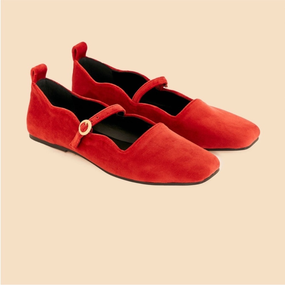 FARM RIO red velvet ballet flats Maryjane scallop edge  38.5 7.5 8